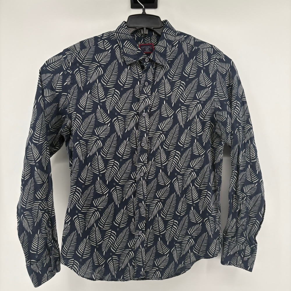 UNTUCKit Men's Large Slim Fit 100% Linen Leaf Print Button Down Shirt Blue - Picture 2 of 9